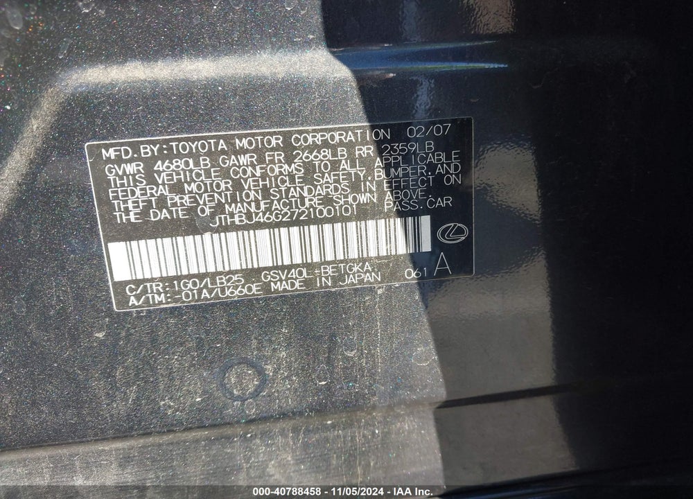 2007 LEXUS ES 350 VIN: JTHBJ46G272100101