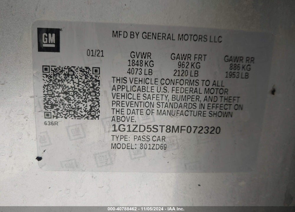 2021 CHEVROLET MALIBU FWD LT VIN: 1G1ZD5ST8MF072320