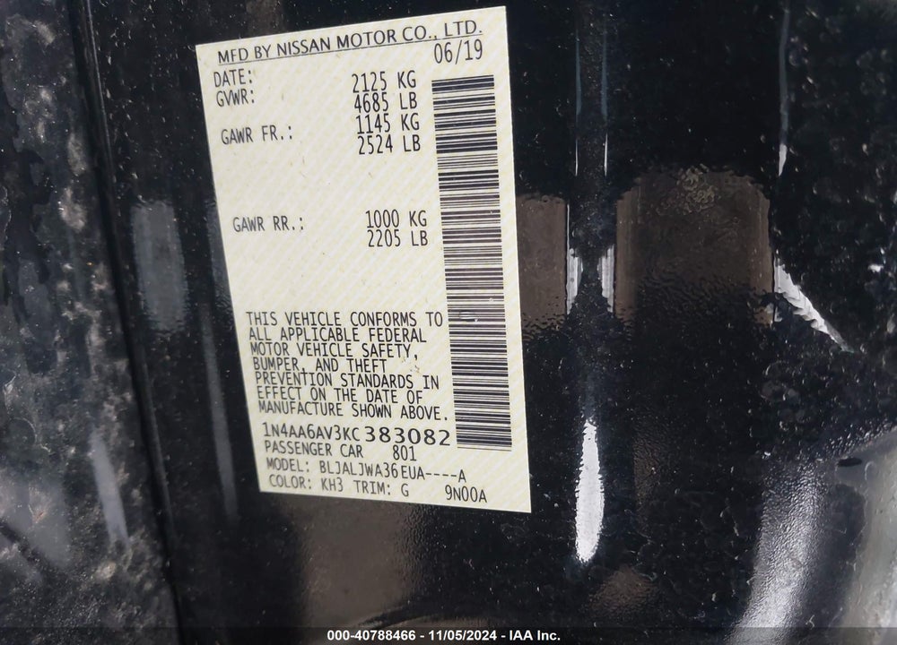 2019 NISSAN MAXIMA 3.5 SV VIN: 1N4AA6AV3KC383082
