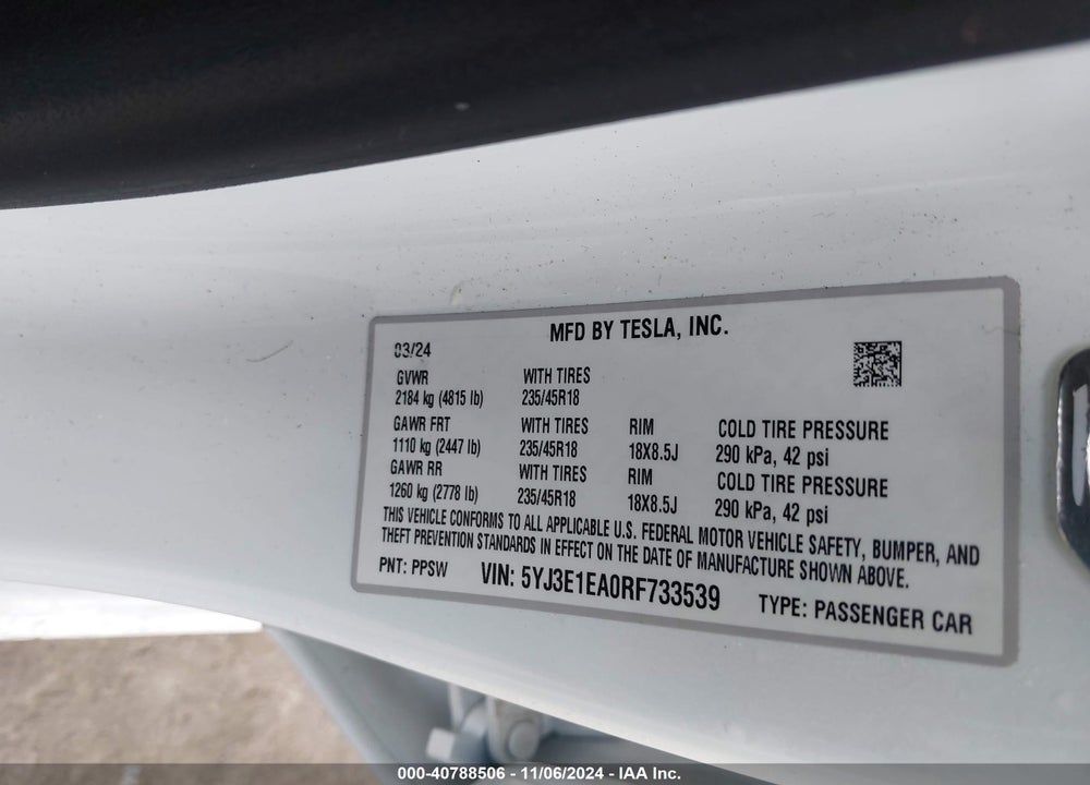 2024 TESLA MODEL 3 REAR-WHEEL DRIVE VIN: 5YJ3E1EA0RF733539