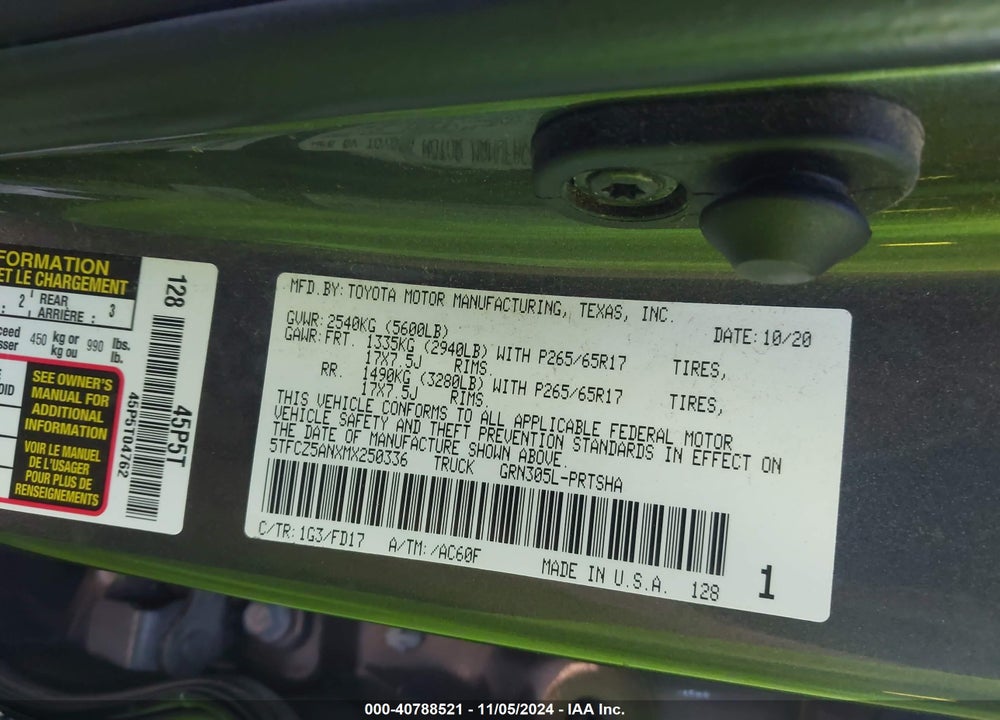 2021 TOYOTA TACOMA TRD SPORT VIN: 5TFCZ5ANXMX250336