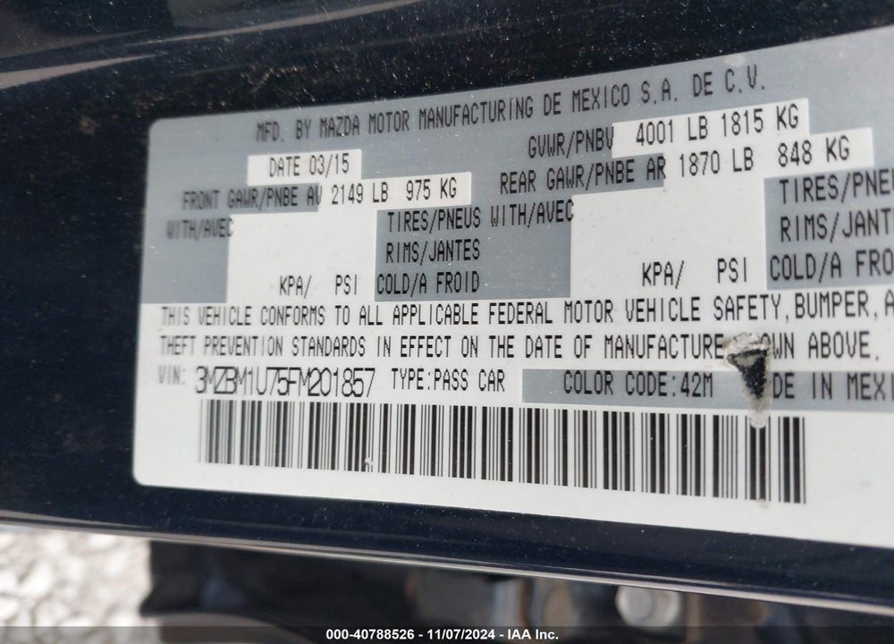 2015 MAZDA 3 I SPORT VIN: 3MZBM1U75FM201857