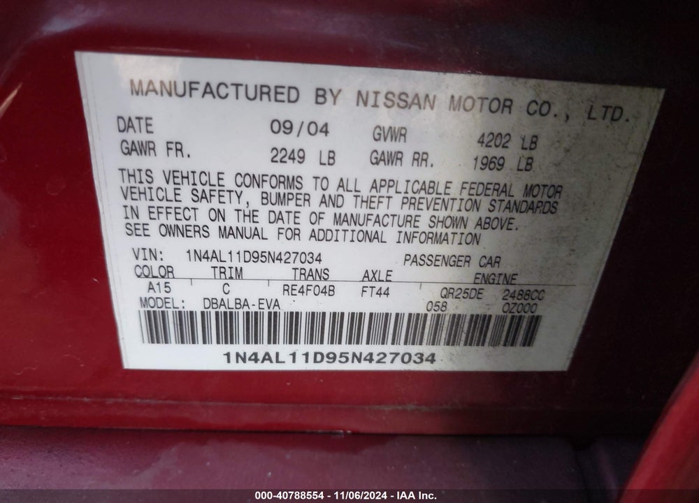 2005 NISSAN ALTIMA 2.5 S VIN: 1N4AL11D95N427034