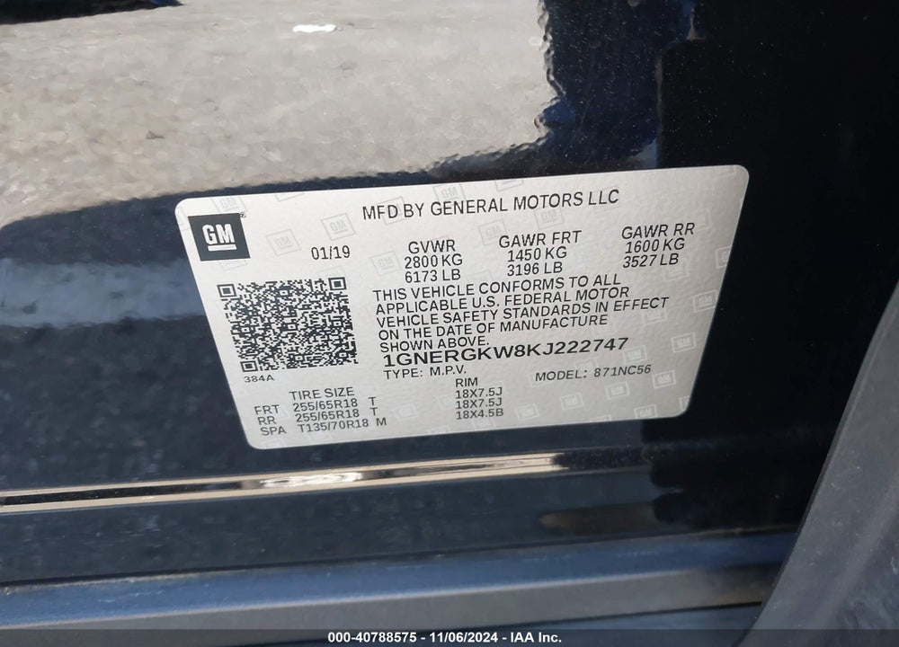 2019 CHEVROLET TRAVERSE 1LT VIN: 1GNERGKW8KJ222747