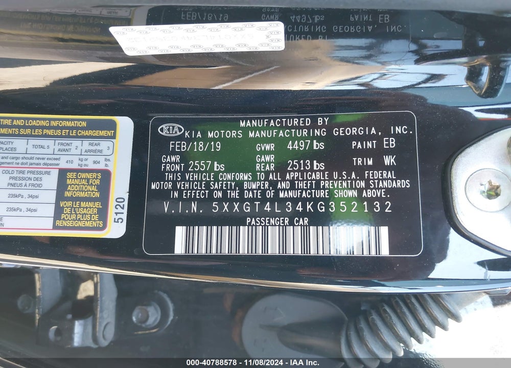 2019 KIA OPTIMA LX VIN: 5XXGT4L34KG352132