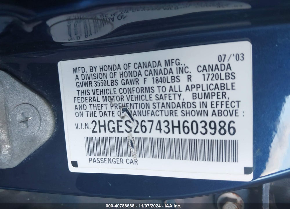 2003 HONDA CIVIC EX VIN: 2HGES26743H603986