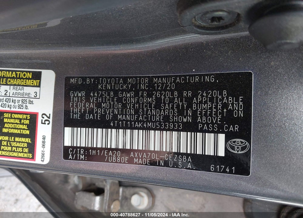 2021 TOYOTA CAMRY SE VIN: 4T1T11AK4MU533933