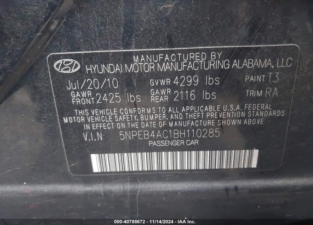 2011 HYUNDAI SONATA GLS VIN: 5NPEB4AC1BH110285