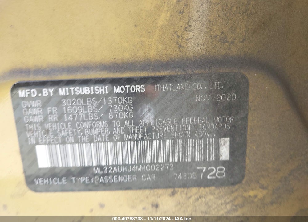 2021 MITSUBISHI MIRAGE CARBONITE EDITION/ES/LE VIN: ML32AUHJ4MH002273