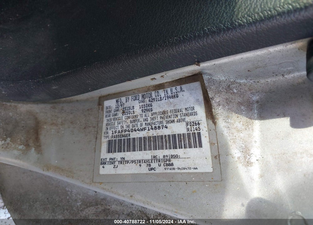 1998 FORD MUSTANG VIN: 1FAFP4044WF148874