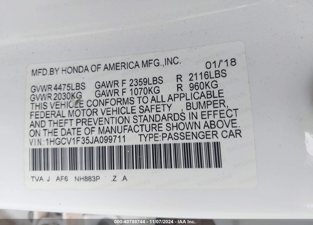 2018 HONDA ACCORD SPORT VIN: 1HGCV1F35JA099711
