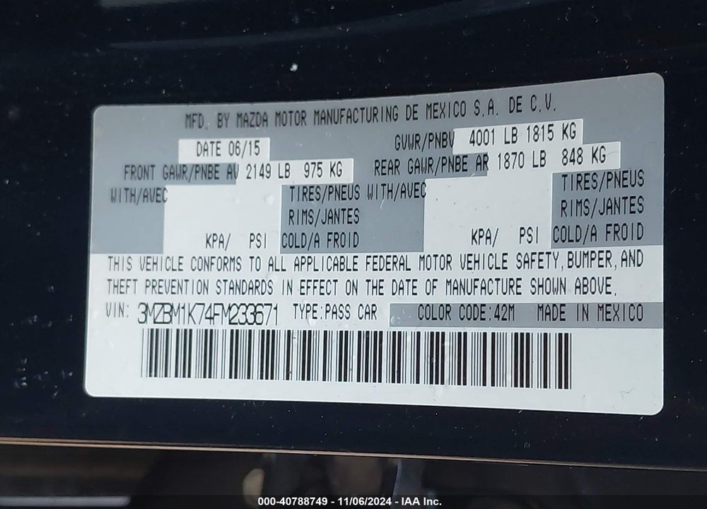 2015 MAZDA 3 I SPORT VIN: 3MZBM1K74FM233671