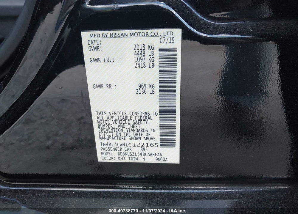 2020 NISSAN ALTIMA 2.5 SR VIN: 1N4BL4CW4LC122165
