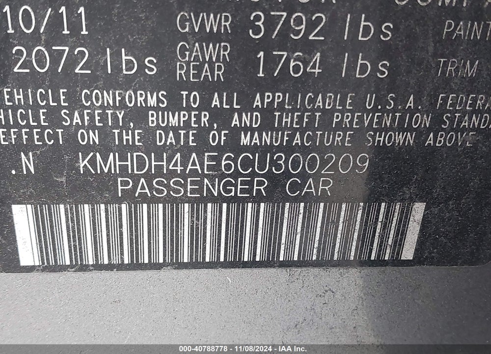 2012 HYUNDAI ELANTRA GLS (ULSAN PLANT) VIN: KMHDH4AE6CU300209