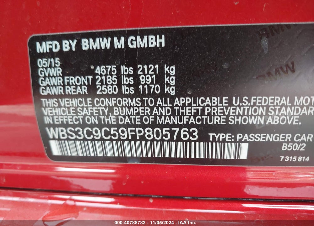 2015 BMW M3 VIN: WBS3C9C59FP805763