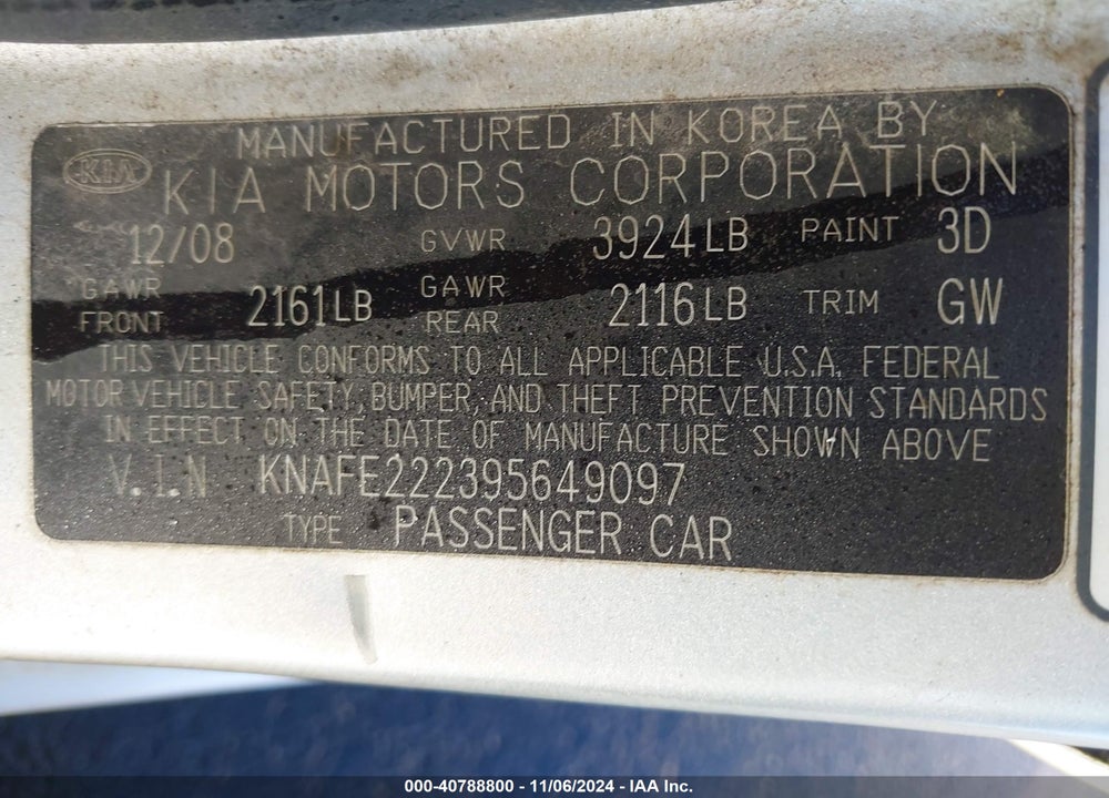 2009 KIA SPECTRA LX VIN: KNAFE222395649097