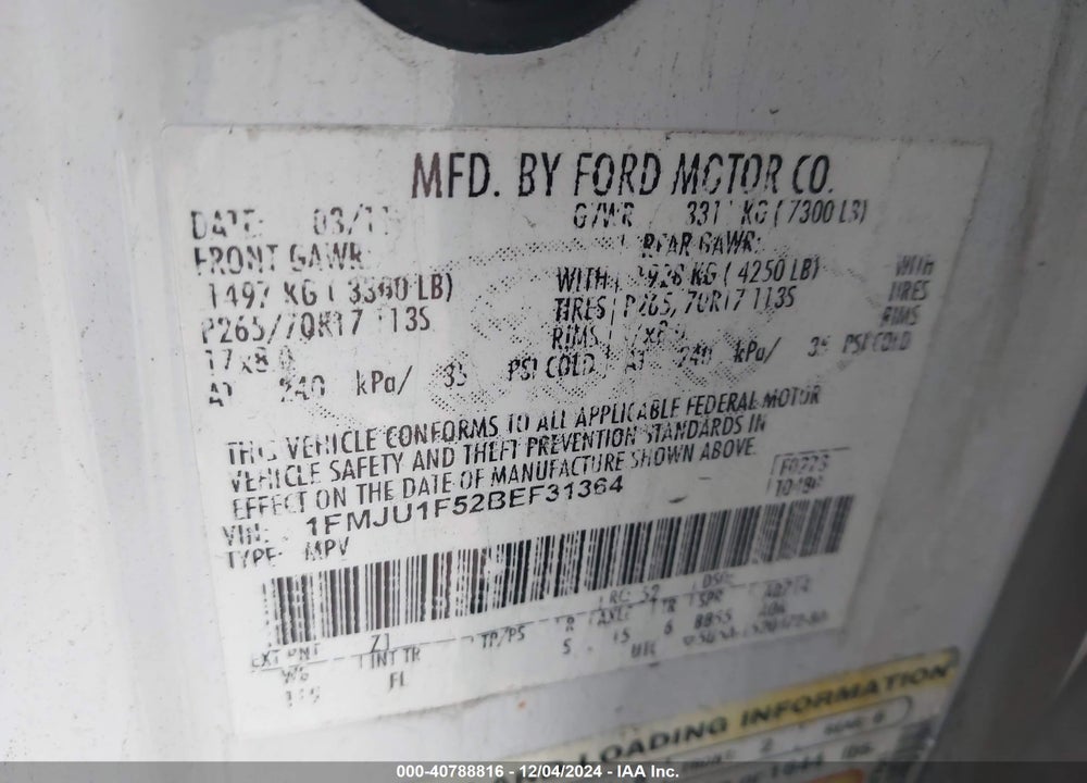 2011 FORD EXPEDITION XL VIN: 1FMJU1F52BEF31364