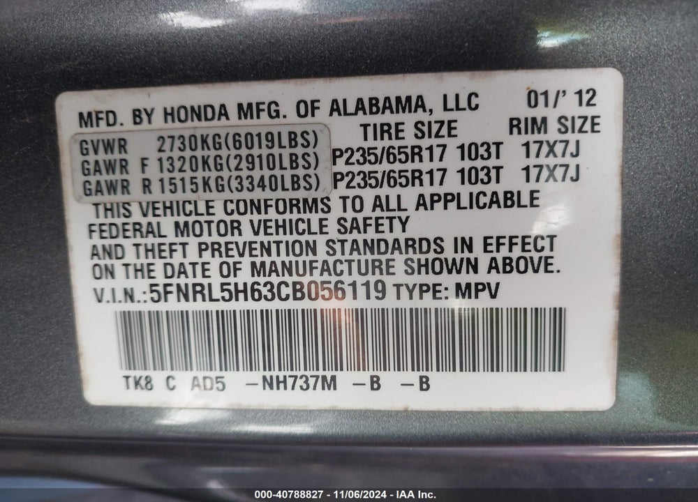 2012 HONDA ODYSSEY EX-L VIN: 5FNRL5H63CB056119