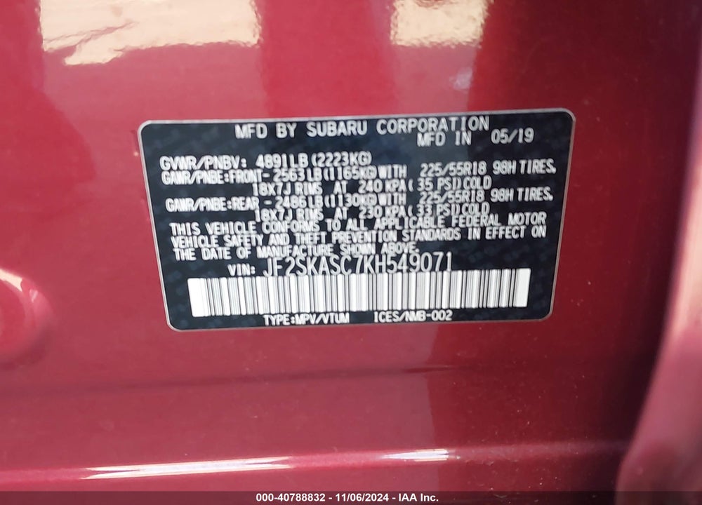 2019 SUBARU FORESTER LIMITED VIN: JF2SKASC7KH549071