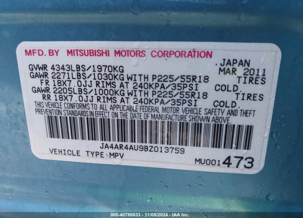 2011 MITSUBISHI OUTLANDER SPORT SE VIN: JA4AR4AU9BZ013759