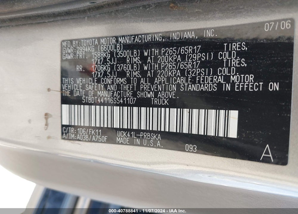 2006 TOYOTA TUNDRA SR5 V8 VIN: 5TBDT44116S541107