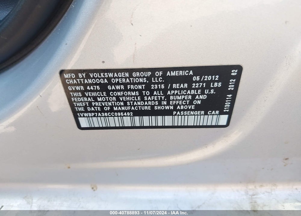 2012 VOLKSWAGEN PASSAT 2.5L SE VIN: 1VWBP7A36CC095492