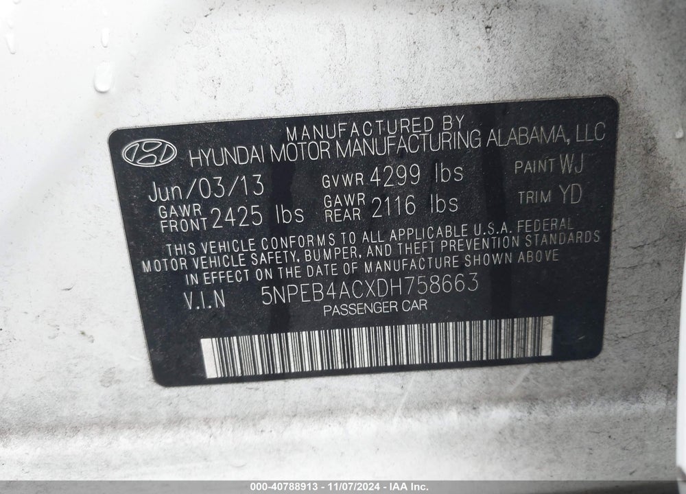 2013 HYUNDAI SONATA GLS VIN: 5NPEB4ACXDH758663