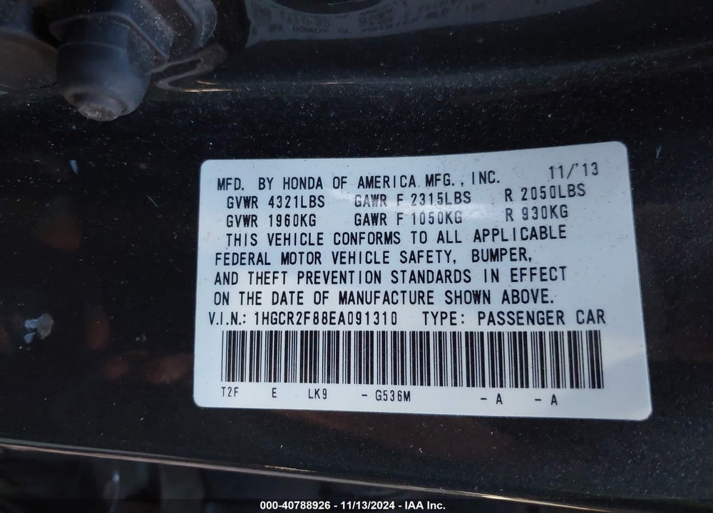 2014 HONDA ACCORD VIN: 1HGCR2F88EA091310