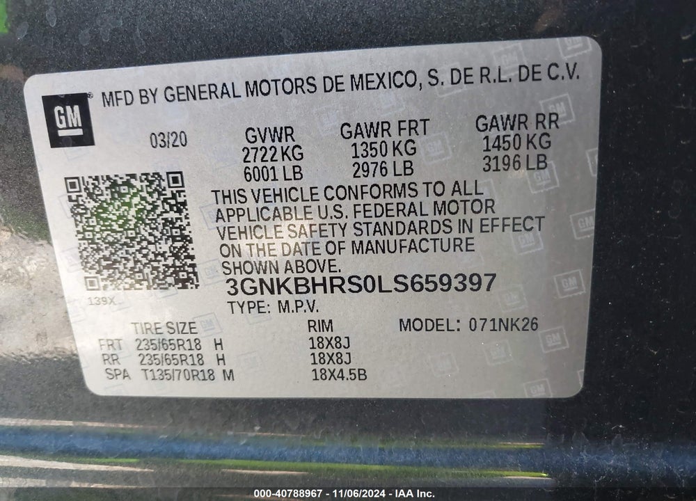 2020 CHEVROLET BLAZER VIN: 3GNKBHRS0LS659397