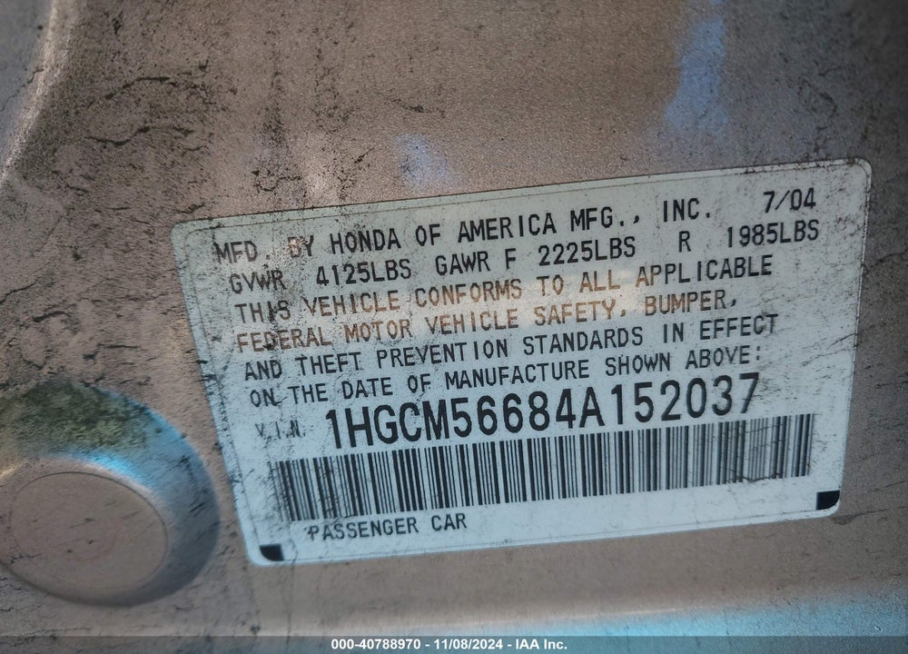 2004 HONDA ACCORD SDN EX VIN: 1HGCM56684A152037