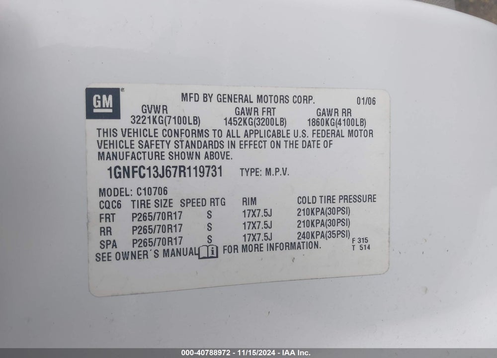 2007 CHEVROLET TAHOE LT VIN: 1GNFC13J67R119731