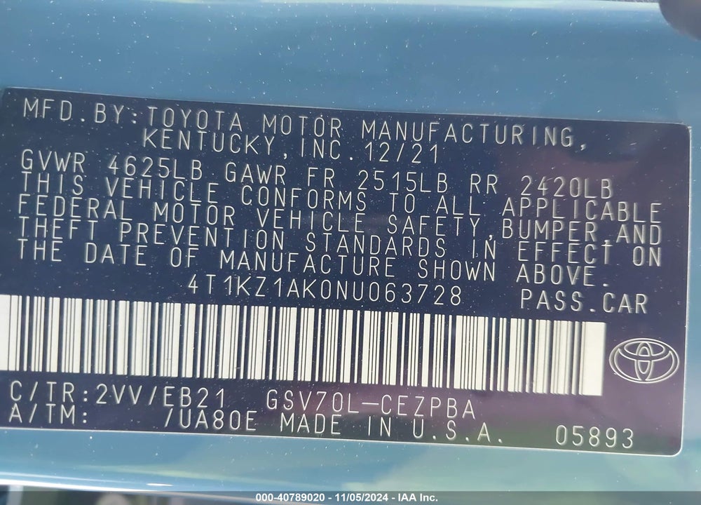 2022 TOYOTA CAMRY TRD VIN: 4T1KZ1AK0NU063728