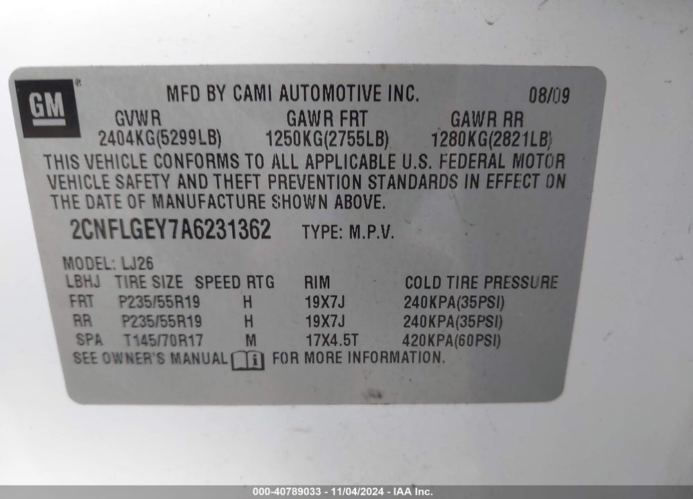 2010 CHEVROLET EQUINOX LTZ VIN: 2CNFLGEY7A6231362