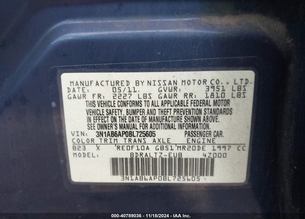 2011 NISSAN SENTRA 2.0S VIN: 3N1AB6AP0BL725605