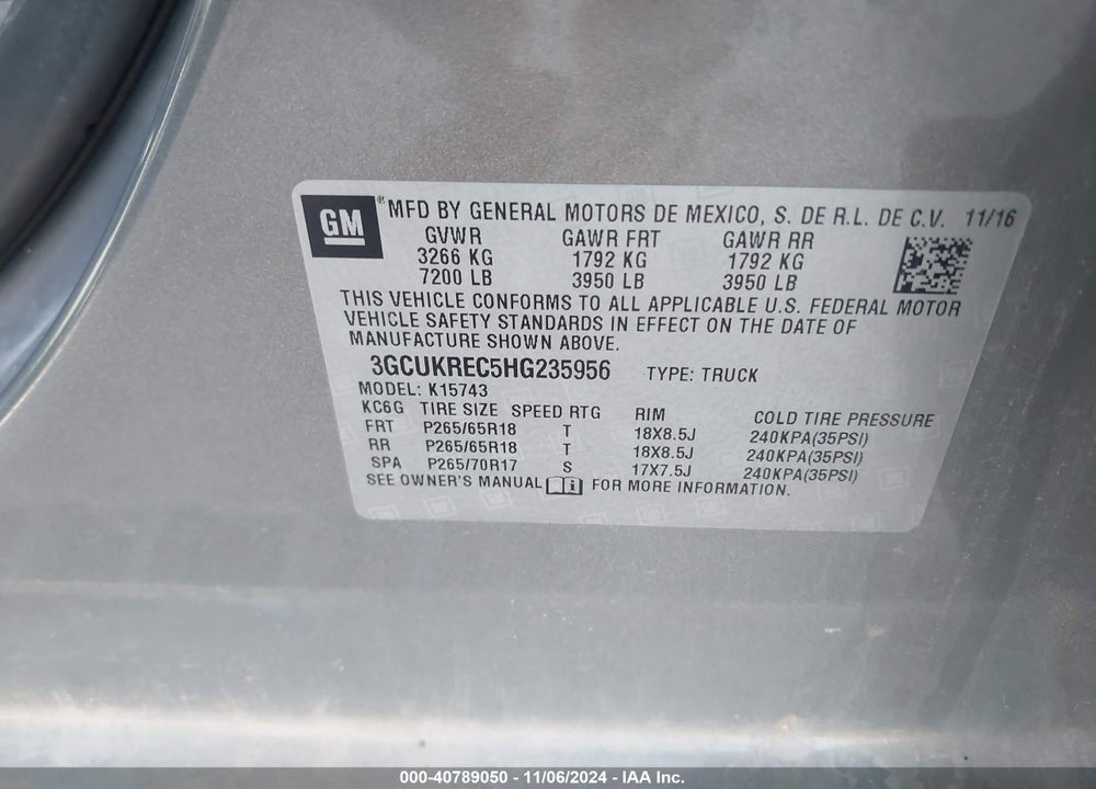 2017 CHEVROLET SILVERADO 1500 1LT VIN: 3GCUKREC5HG235956