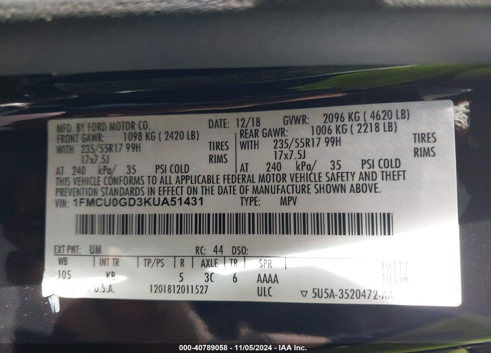 2019 FORD ESCAPE SE VIN: 1FMCU0GD3KUA51431