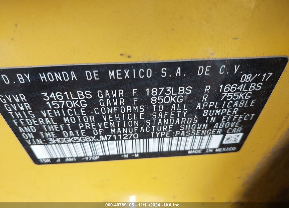 2018 HONDA FIT VIN: 3HGGK5G6XJM711270