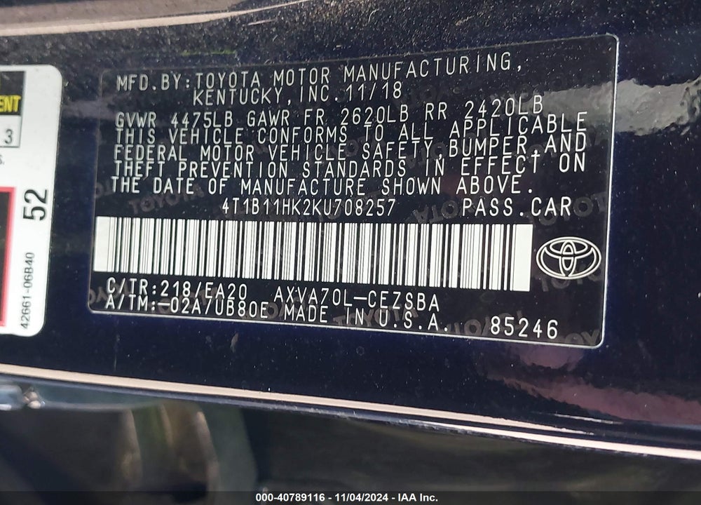 2019 TOYOTA CAMRY L/LE/XLE/SE/XSE VIN: 4T1B11HK2KU708257