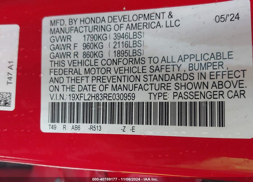 2024 HONDA CIVIC SPORT VIN: 19XFL2H83RE030959