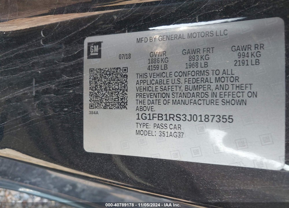 2018 CHEVROLET CAMARO 1LT VIN: 1G1FB1RS3J0187355
