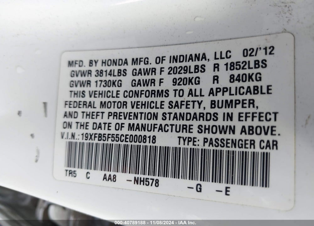 2012 HONDA CIVIC SDN CNG/NATURAL GAS VIN: 19XFB5F55CE000818