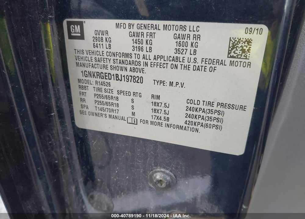 2011 CHEVROLET TRAVERSE 1LT VIN: 1GNKRGED1BJ197820