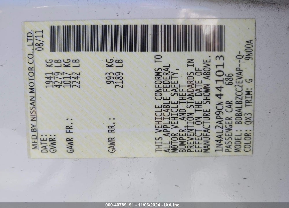 2012 NISSAN ALTIMA 2.5 S VIN: 1N4AL2AP9CN441013