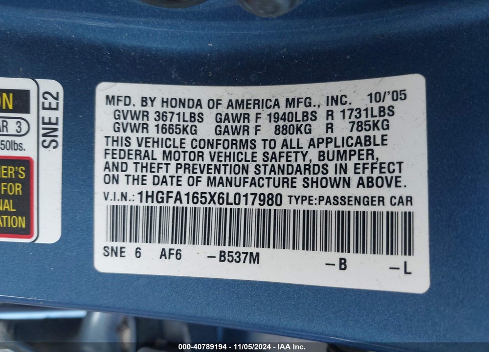 2006 HONDA CIVIC LX VIN: 1HGFA165X6L017980