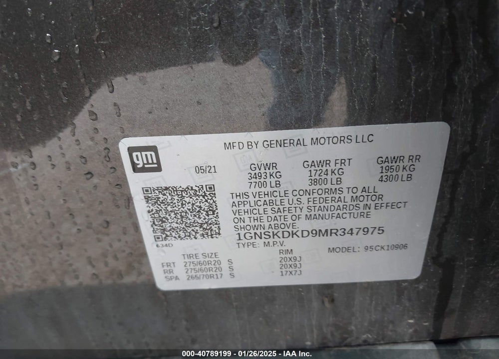 2021 CHEVROLET SUBURBAN VIN: 1GNSKDKD9MR347975