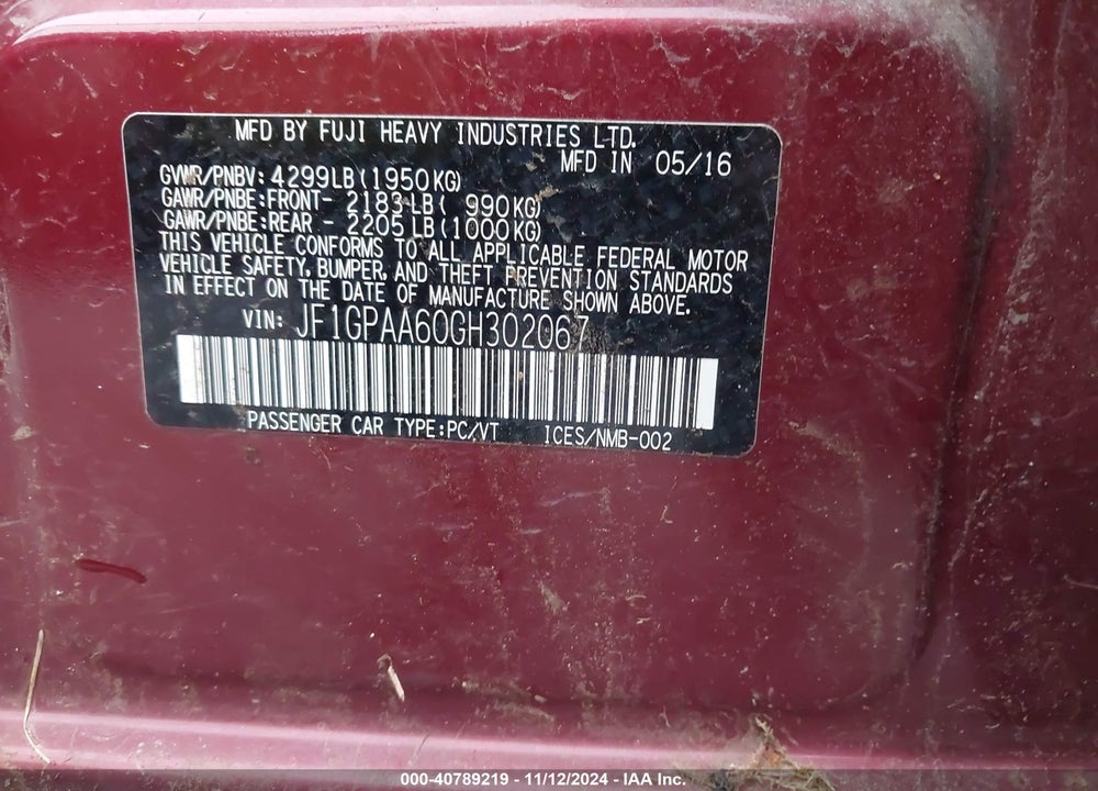 2016 SUBARU IMPREZA 2.0I VIN: JF1GPAA60GH302067