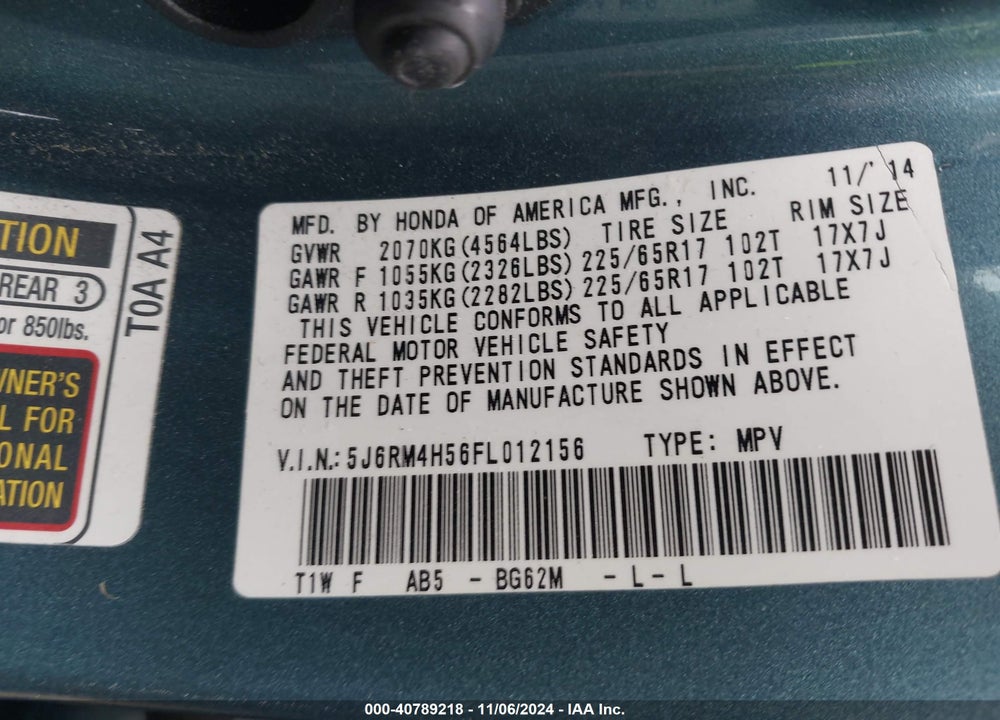 2015 HONDA CR-V EX VIN: 5J6RM4H56FL012156