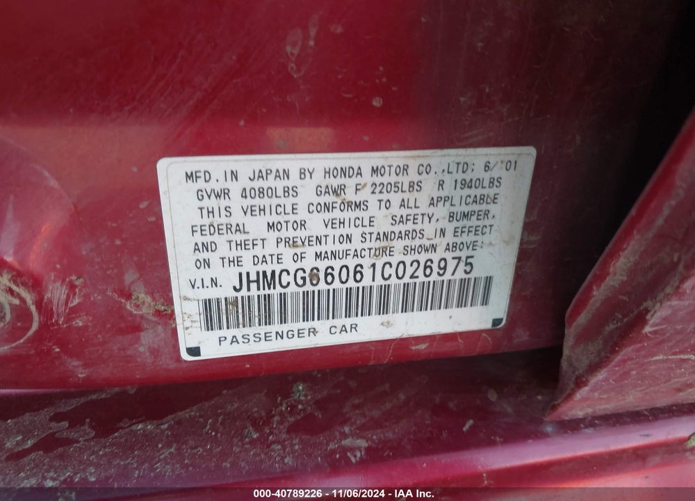 2001 HONDA ACCORD 2.3 EX VIN: JHMCG66061C026975