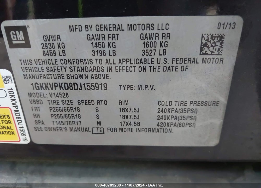 2013 GMC ACADIA SLE-2 VIN: 1GKKVPKD8DJ155919