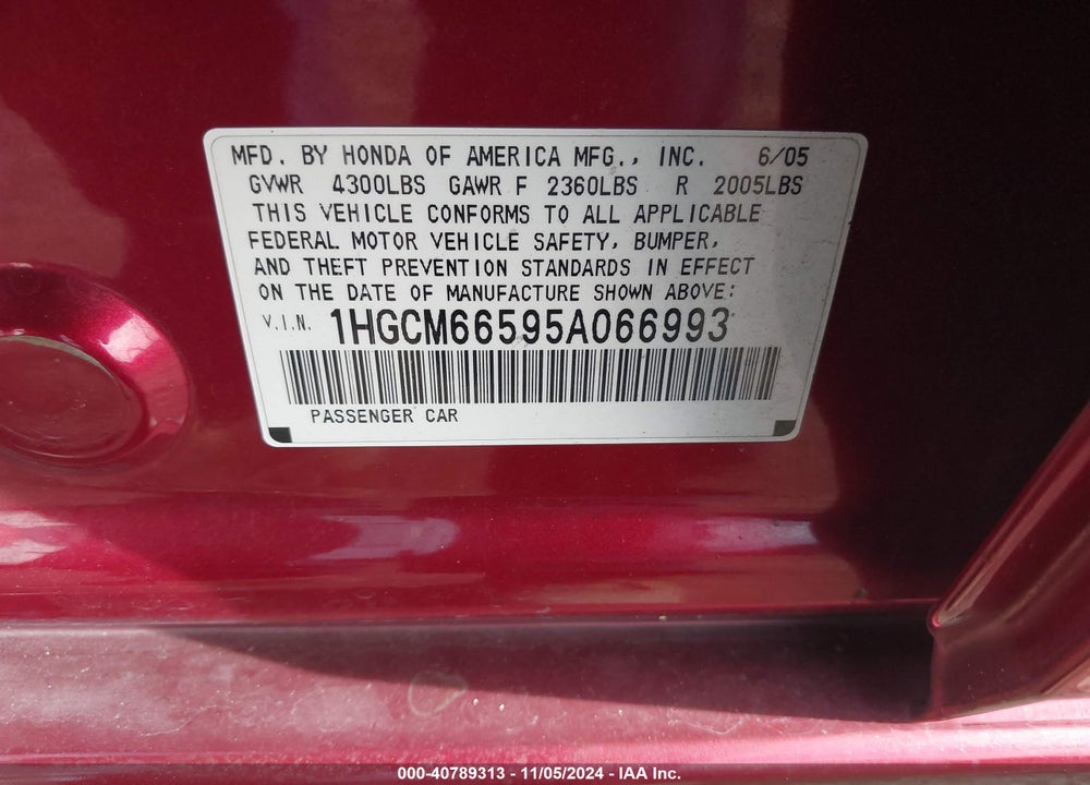 2005 HONDA ACCORD 3.0 EX VIN: 1HGCM66595A066993